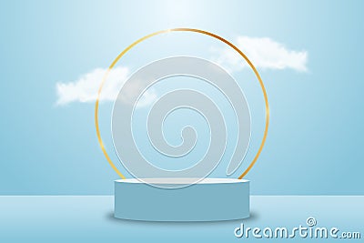 3d blue rendering with platform and realistic clouds, stage with empty pedestal and gold circle frame. Podium for product display Vector Illustration